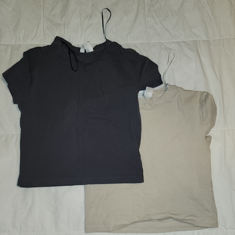 Charcoal and Beige Short Sleeve Tees Casual Knit Tops